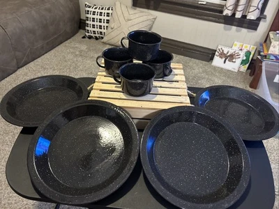 "Lote de 8 piezas de esmalte azul blanco moteado camping vaquero placas de 10" y tazas de 2""" Foto 1 de 4
