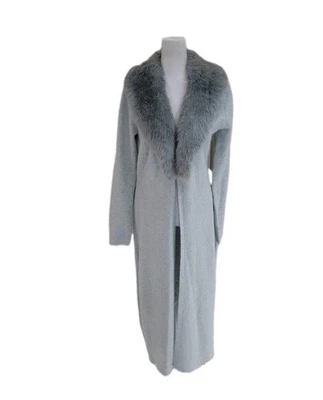 White House Black Market  Gray Fur Neck Long Duster Cardigan Sz S - Image 1 of 4