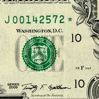 Star Note 640K Run Only 1.28M Print 2009 District J Kansas City Dollar Bill $1 - Image 1 of 4