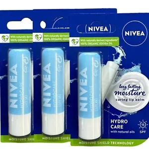 3 x Nivea Hydro Care Long Lasting Hydrating Moisturising SPF 15 Lip Balm 4.8g - Picture 1 of 3