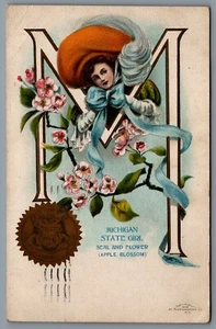 Postcard Michigan c1906 Large Letter M State Girl Seal & Flower Apple Blossom - Picture 1 of 2