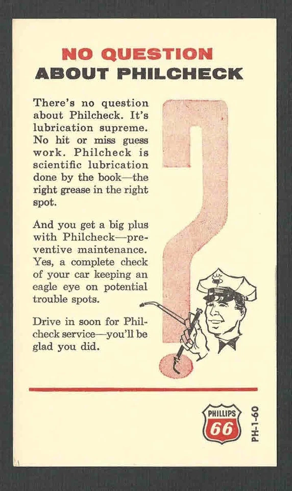 Ca 1958 PC PHILLIPS 66 PETROLEUM CO FOR PHILCHECK LUB SUPREME SERVICE, MINT - Image 1 of 1