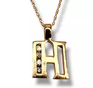 Collana con ciondolo in oro giallo 10 kt con diamanti iniziali lettera H 18" - Foto 1 di 8