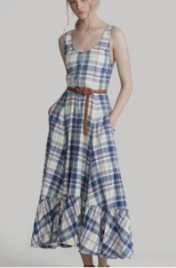 Polo Ralph Lauren Madras Plaid Sleeveless Cotton Ruffled Hem Trim Dress Uk 10 - Picture 1 of 5