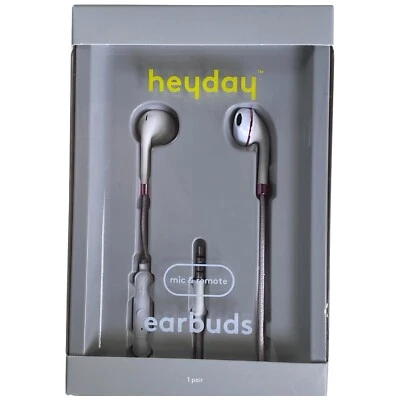 Heyday Wired Earbuds, Mic & Remote, White w/Pink, 3.5mm Plug, Comfort Fit, NEW! - Image 1 of 4