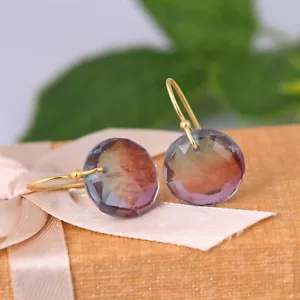 18k Gold Plated Round Cut Lab Crated Alexandrite Quartz Dangle Earring Jewelry - Picture 1 of 5