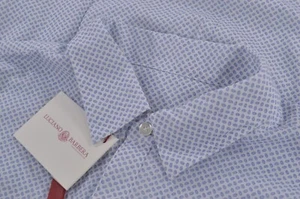 Luciano Barbera NWT Cotton 1/2 Button Up Shirt XL in White/Blue Geometric Print - Picture 1 of 8