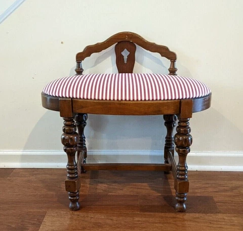 Vanity Bench Stool Antique Seat Chair Wood Newly Upholstered Cover