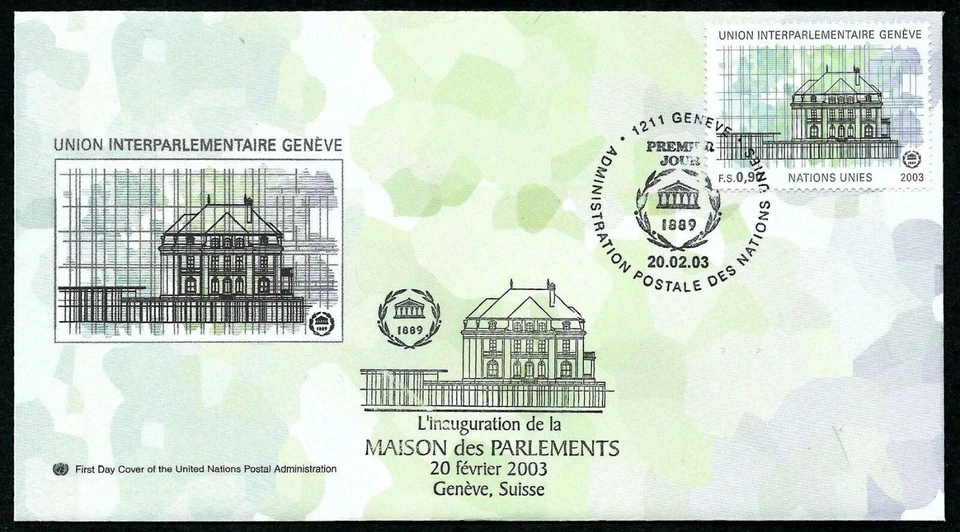 UNITED NATIONS GENEVA SCOTT # 406, FDC COVER OF INTER-PARLIAMENTARY HEADQUARTERS - Image 1 of 1