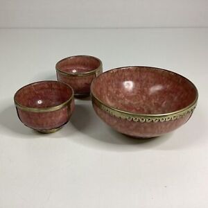 Pink Stone/Brass Decorative Bowls - 2x Mini 1x Small (P3) W#686