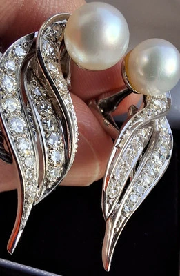 Art Deco VS Diamond 1.8Ct Earrings Pearl Pair Cluster Clip On Heavy 8.7g 33mm - Image 1 of 4