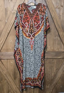 Abito Santé Classics Boho Caftano Taglia Unica Nero Rosso Oro Floreale India - Foto 1 di 4