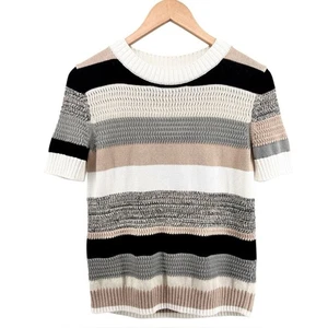 Akris Punto Short Sleeve Knit Sweater Sz 6 Tan Gray Black Cotton Striped Neutral - Picture 1 of 15