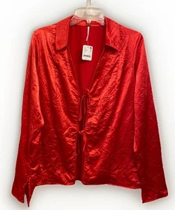 Free People Star Eyes Retro Red Satin Crinkle Long Sleeve Blouse Women  M NWT - Picture 1 of 9