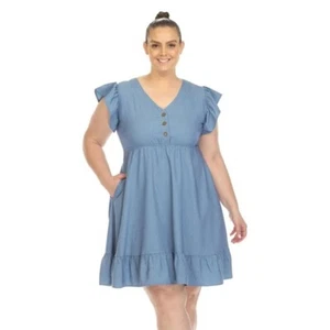 White Mark Women's Ruffle Sleeve Button Knee-Length Dress Denim Blue Size 3X NWT - Picture 1 of 5