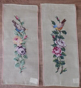 Pre-Worked Needlepoint Canvas (2) ~ Birds on Floral Rose Branches 21" x 9" - Picture 1 of 4