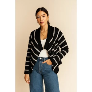 360 Cashmere Stripe Open Cardigan Size S Black Gray Sweater Quiet Luxury Casual - Picture 1 of 12