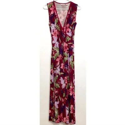 TOMMY BAHAMA Burgundy Maroon Floral 100% Silk Midi or Maxi Faux Wrap Dress Small - Image 1 of 4