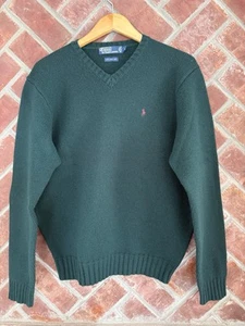 Polo By Ralph Lauren 100% Lambswool Sweater Mens Size Large Green V Neck - Picture 1 of 7