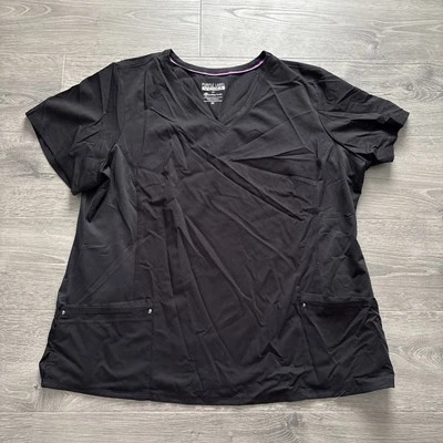 Purple Label Yoga by Healing Hands Scrub Top Women Size 3X Black V Neck Pockets - Image 1 of 4
