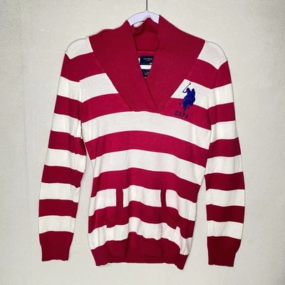 U.S.Polo Assn. Женские M большой пони регби розовый белый в полоску длинным рукавом капот шеи - Изображение 1 из 4