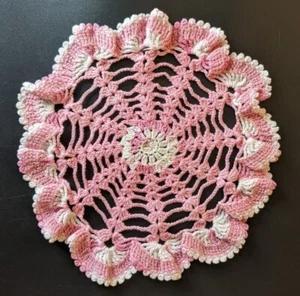 Handmade Doily Crochet Cotton Thread Pink and White Ruffled Edge 9" - Picture 1 of 4
