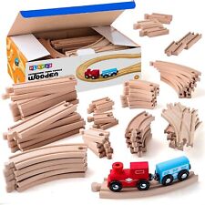 52PCS  Wooden Train Track Pack Set Wooden Train Set With 2 Bonus Toy Trains