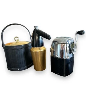 Vintage MCM Barware Trio Eiskübel Kidde Soda King Ice-O-Mat Schwarz Gold Silber - Bild 1 von 12