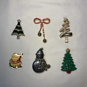 Lot of 6 Vintage Christmas Jewelry Brooches Pins - Trees, Santa, Snowman, & Bow - Picture 1 of 9