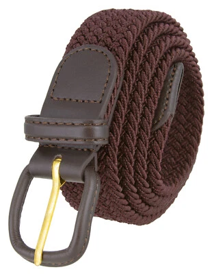 Brown Leather Covered Buckle Woven Elastic Stretch Belt 1-1/4" Wide - Image 1 of 3