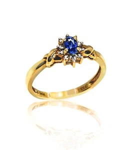 14k Yellow Gold Created Blue Sapphire & 10 Genuine Diamonds Cocktail Ring 6.75 - Picture 1 of 19