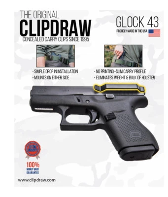 Clipdraw Belt Clip for GL0CK 43 43X & 48 9mm IWB Black Ambidextrous Clip Holster