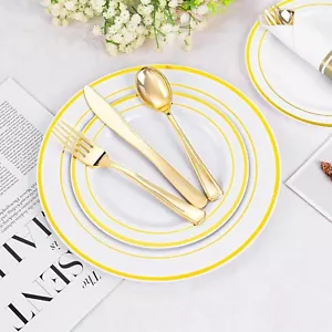 100pcs Gold Dinnerware Set For 25 Guests White Plastic Plates With Gold Rim Incl - Picture 1 of 3