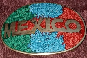 Vintage Alpaca Turquoise Chip Inlay Mexico Belt Buckle Mexican Silver Red Blue - Picture 1 of 4
