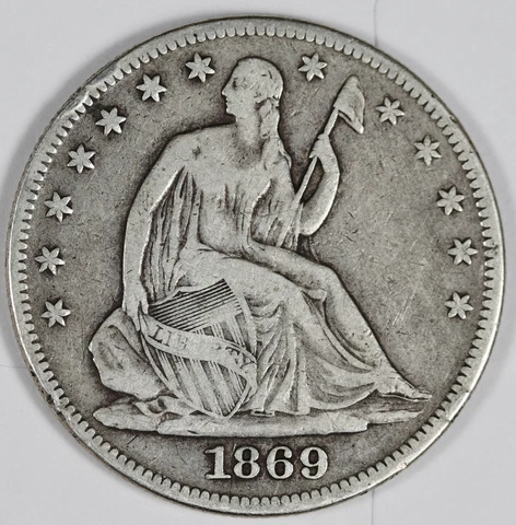 1869 Seated Liberty Half Dollar.   "Perfect"  About VF.  180564 Cover
