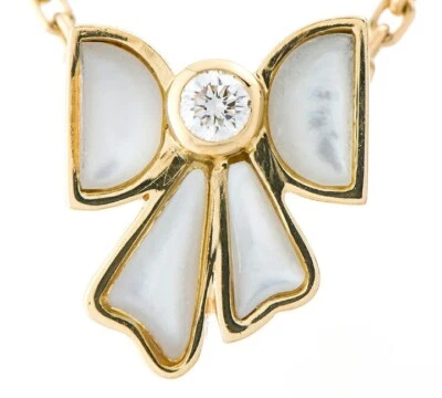 梵克雅宝 VCA 复古钻石 MOP 18k 黄金丝带蝴蝶结项链 — 第 1/4 张图片