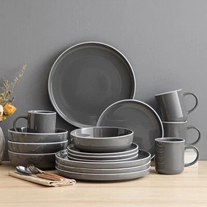 Geschirr Set Steingut grau 4, 8, 12 Personen Keramik Essgeschirr 16/32/48-tlg. - Bild 1 von 6