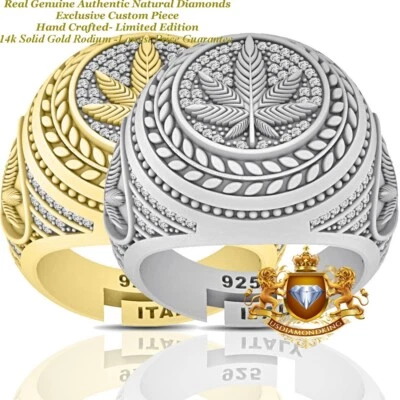 Diamante genuino real 0,47 Ctw. Banda de anillo para hombre de planta de hoja de cannabis marihuana para marihuana de hierba Foto 1 de 2