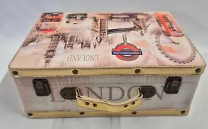 Vanity Case with Leather Handle London Themed Vintage Travel Box 32 Cm X 22 Cm - Picture 1 of 10