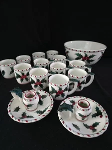 Lefton Christmas Punch Bowl, 8 Mugs, 2 Candle Holders Holly Candy Cane 11 Pc EVC - Picture 1 of 13