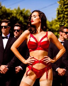RARE Honey Birdette Elvis Red Doja Bra 36DD & Backless Brief M cat satin set - Picture 1 of 14