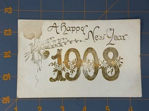 Postcard New Year embossed postcard/ 1908, Flowers Bells and lettering in gold - Picture 1 of 2