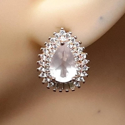 Pendientes baguette de cuarzo rosa y zafiro blanco de 5,20 quilates de oro rosa de 14 quilates 925 Foto 1 de 4