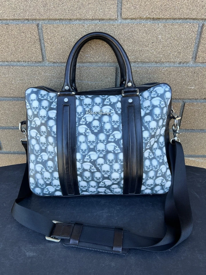 Bolso Robert Graham Cuero Negro Estampado Calavera Fantasma Laptop Mensajero Maletín Foto 1 de 4