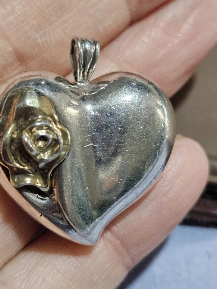 Colgante rosa corazón hinchado 925 plata esterlina diseñador Gorham vintage Foto 1 de 4