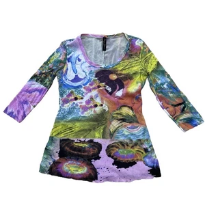 Elana Kattan Psychedelic Top Women L Abstract 3/4 Sleeve Scoop Mesh Hippie Rave - Picture 1 of 24