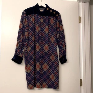Vestido Vintage Saint Laurent Rive Gauche Años 80 Terciopelo Lana Estampado Geométrico a Cuadros - Imagen 1 de 9