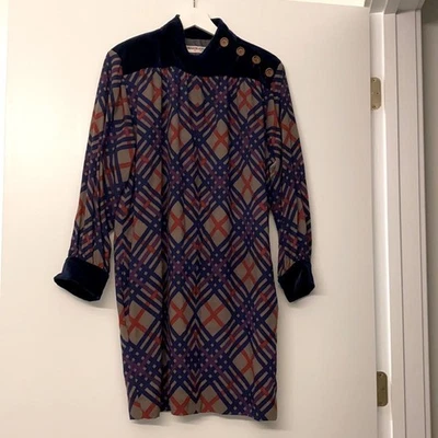 Vestido Vintage Saint Laurent Rive Gauche Años 80 Terciopelo Lana Estampado Geométrico a Cuadros Foto 1 de 4