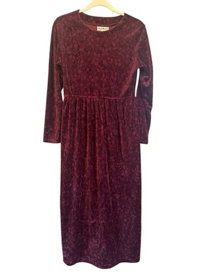 Maxi Vestido Vintage LL Bean Borgoña Hoja de Acebo Vacaciones Terciopelo Talla 6 Foto 1 de 3
