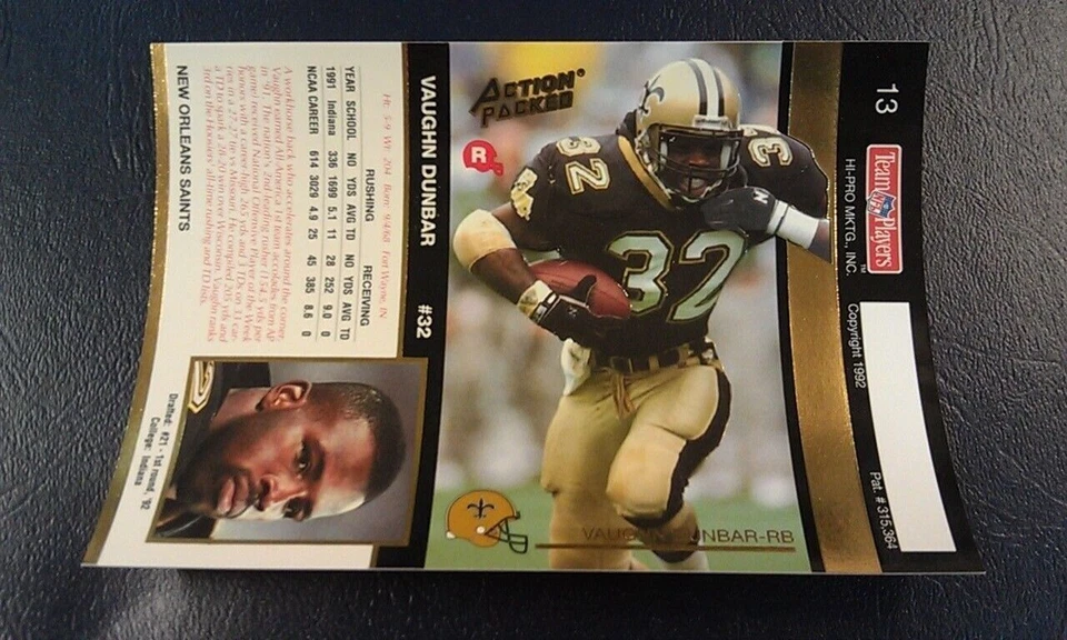 Vaughn Dunbar New Orlean Saints 1992 Action Pack UNFOLDED RARE ODDBALL WOW - Image 1 of 1